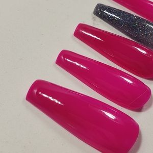 Custom Gel Press on Nails Handmade 20pc set hot pink reflective glitter